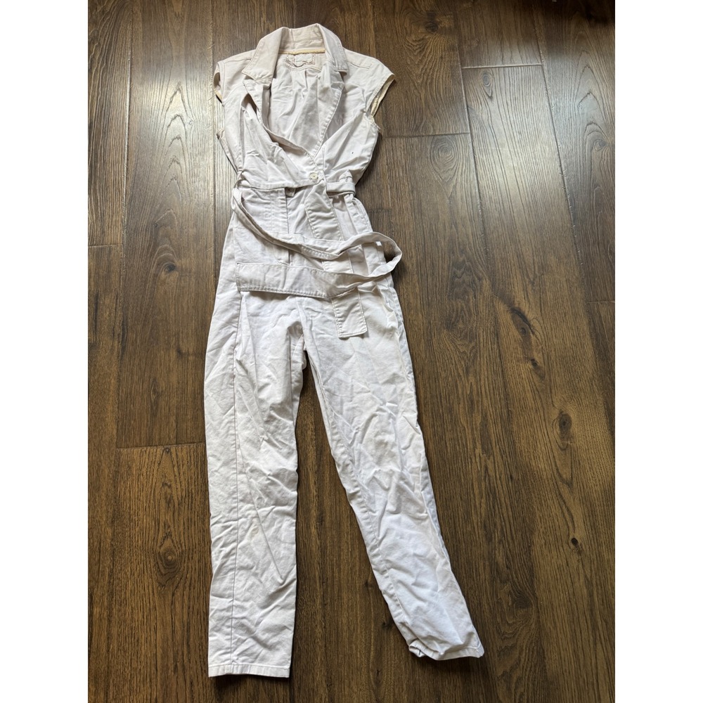 Anthropologie Cream Utility Jumpsuit Sleeveless Belted Cotton One Piece Size 2